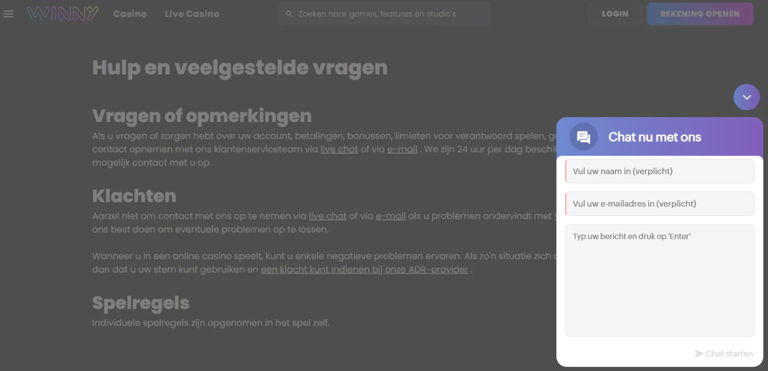 Livechatvenster van Winny Casino met velden voor naam, e-mailadres en bericht om contact op te nemen met de klantenservice