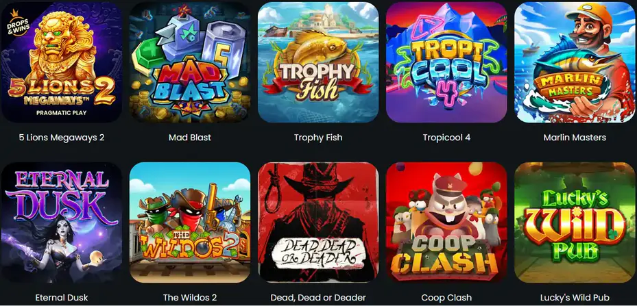 Slotcatalogus van Winny Casino met spellen zoals 5 Lions Megaways 2, Mad Blast, Trophy Fish, Tropicool 4 en Marlin Masters
