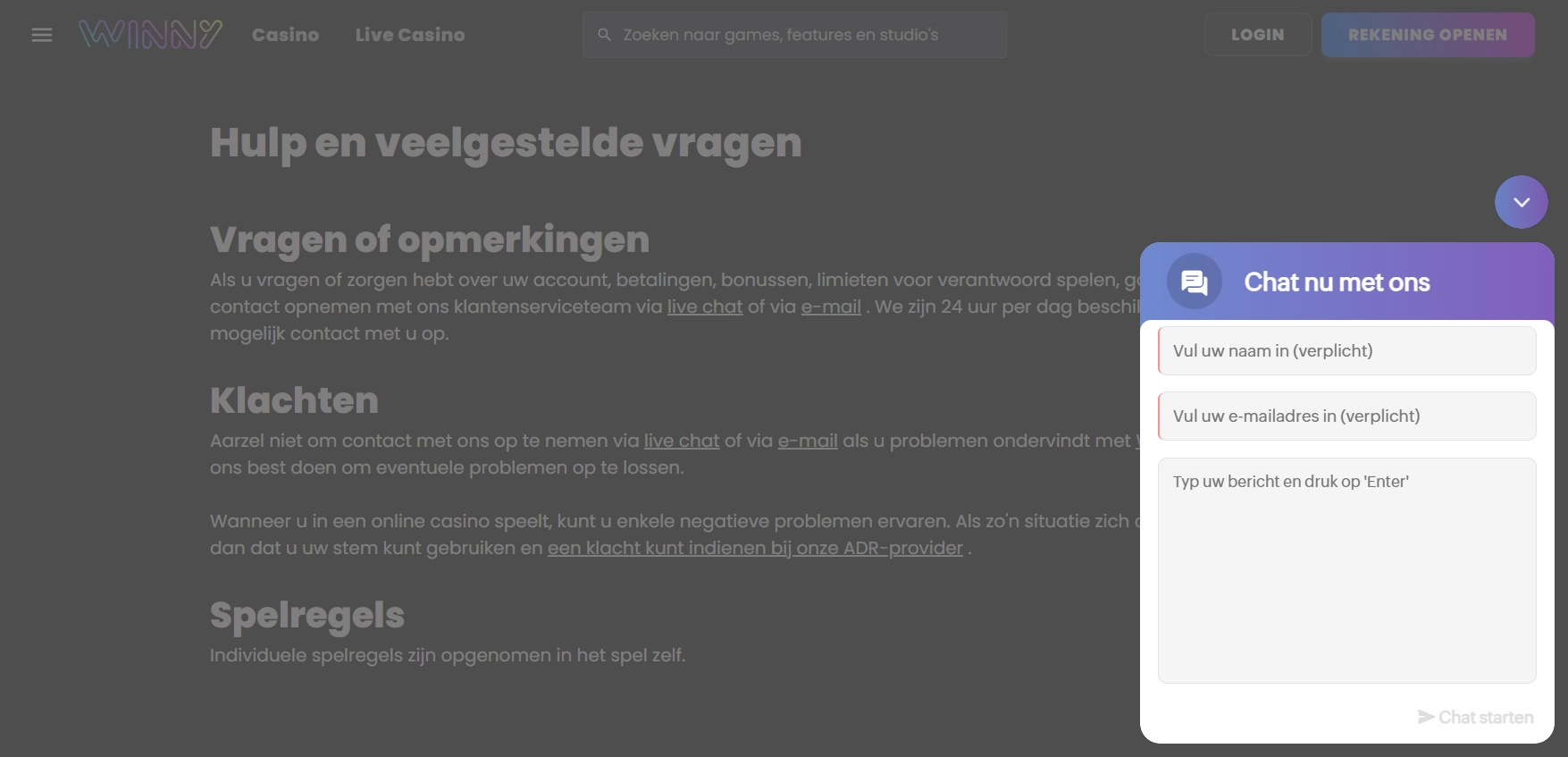 24/7 online klantenservice via live chat bij Winny Casino